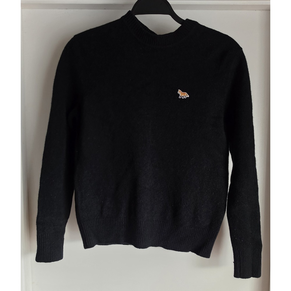 Maison Kitsune Fox Sweater XS Black Lambswool Crew Neck Long Sleeve Pullover Top